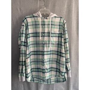 American Eagle Hooded Plaid Flannel Shirt Green/Blue/White - Size Medium